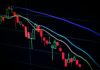"Miss the 10 Best Days" Is Half of a Calculation A stock market candlestick chart displayed on a dark screen