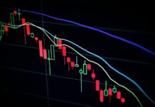 "Miss the 10 Best Days" Is Half of a Calculation A stock market candlestick chart displayed on a dark screen