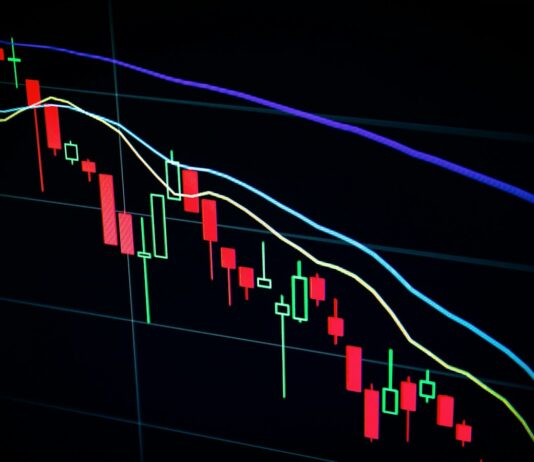 "Miss the 10 Best Days" Is Half of a Calculation A stock market candlestick chart displayed on a dark screen