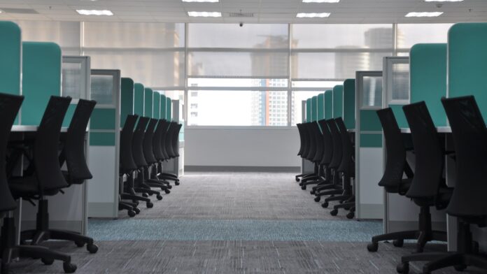 Empty office chairs at cubicles