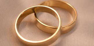 The 50% Divorce Rate Was True for About One Year. You Can Name It. Two interlocking gold wedding bands on a textured surface