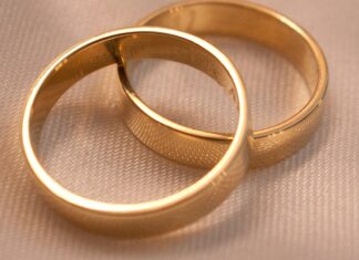 The 50% Divorce Rate Was True for About One Year. You Can Name It. Two interlocking gold wedding bands on a textured surface